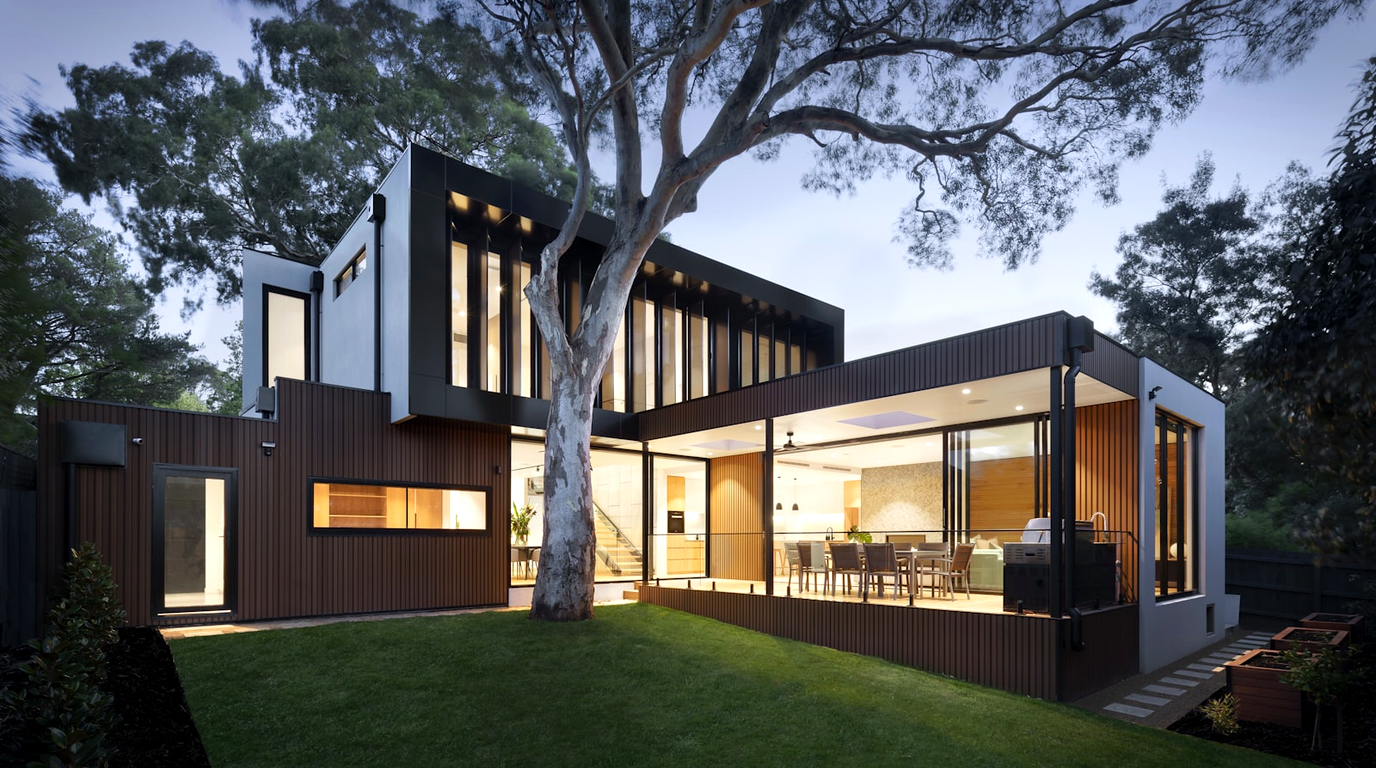 Modern porch with a discreet fiber drop and a bright, uncluttered living room router on a wood console