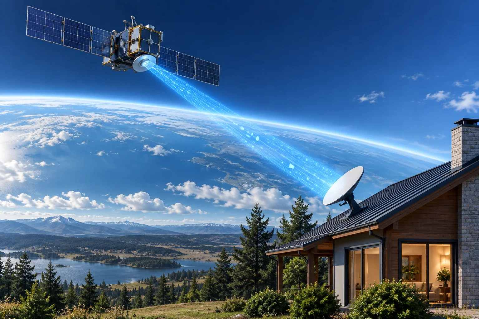 A communications satellite connecting to a dish on a rural home